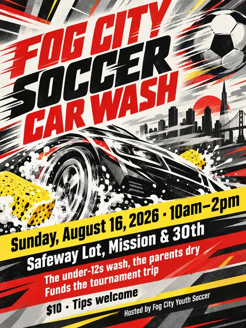 Futurist style party flyer for a fictional car-wash: Fog City Soccer Car Wash