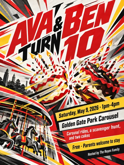 Futurist style party flyer for a fictional birthday: Ava & Ben Turn 10