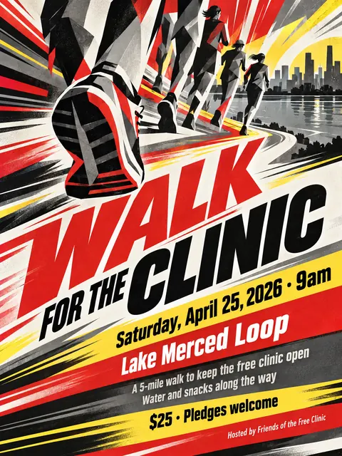 Futurist style party flyer for a fictional fundraiser: Walk for the Clinic