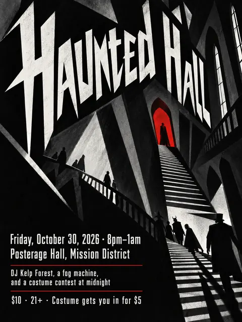 German Expressionist Film Poster style party flyer for a fictional halloween: Haunted Hall