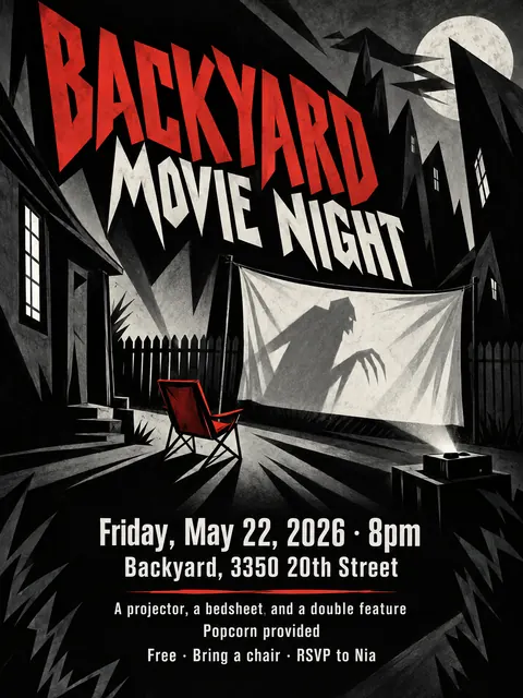 German Expressionist Film Poster style party flyer for a fictional house: Backyard Movie Night
