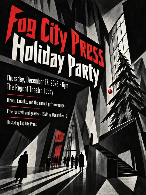 German Expressionist Film Poster style party flyer for a fictional holiday: Fog City Press Holiday Party