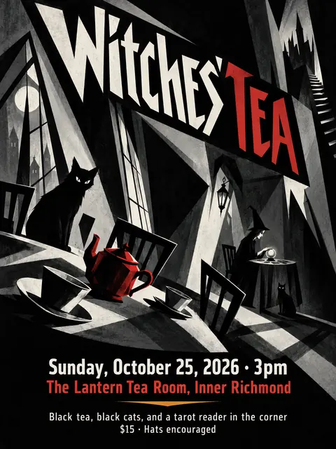 German Expressionist Film Poster style party flyer for a fictional halloween: Witches' Tea