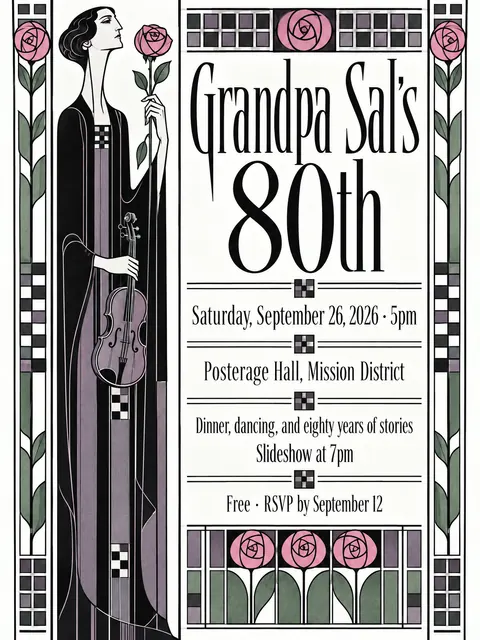 Glasgow Style style party flyer for a fictional birthday: Grandpa Sal's 80th
