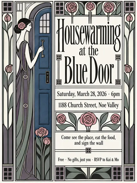 Glasgow Style style party flyer for a fictional house: Housewarming at the Blue Door