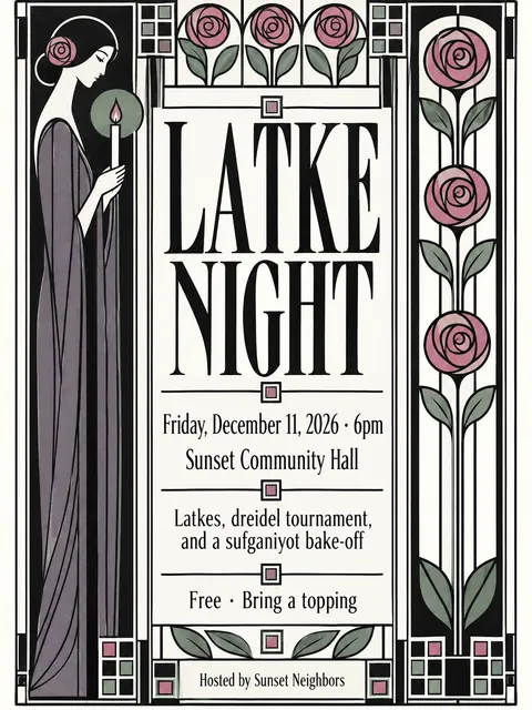 Glasgow Style style party flyer for a fictional holiday: Latke Night