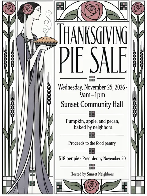 Glasgow Style style party flyer for a fictional bake-sale: Thanksgiving Pie Sale