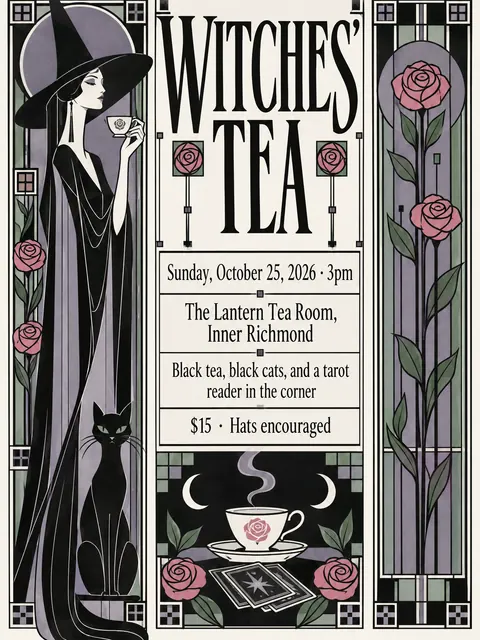 Glasgow Style style party flyer for a fictional halloween: Witches' Tea