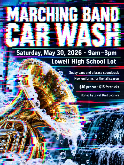 Glitch Art style party flyer for a fictional car-wash: Marching Band Car Wash