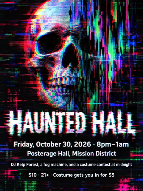 Glitch Art style party flyer for a fictional halloween: Haunted Hall