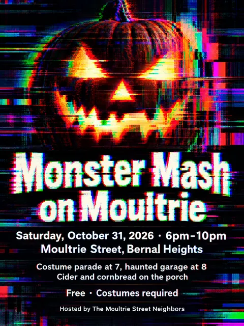 Glitch Art style party flyer for a fictional halloween: Monster Mash on Moultrie