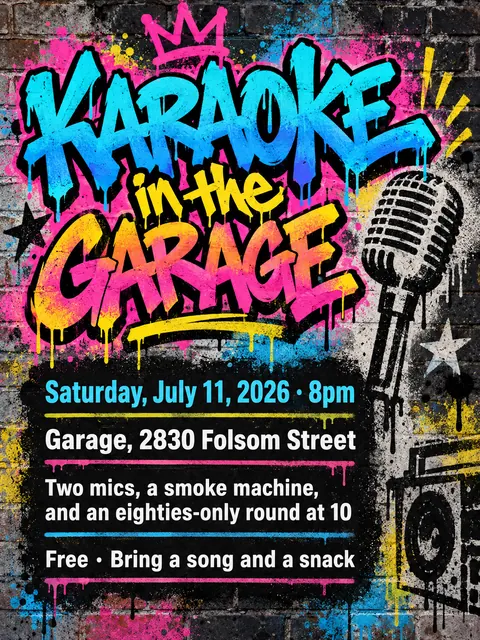 Graffiti / Street Art style party flyer for a fictional house: Karaoke in the Garage