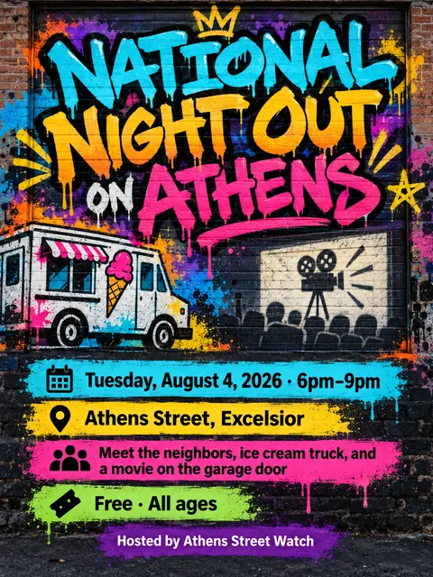 Graffiti / Street Art style party flyer for a fictional block: National Night Out on Athens