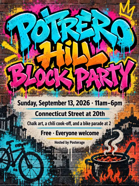 Graffiti / Street Art style party flyer for a fictional block: Potrero Hill Block Party