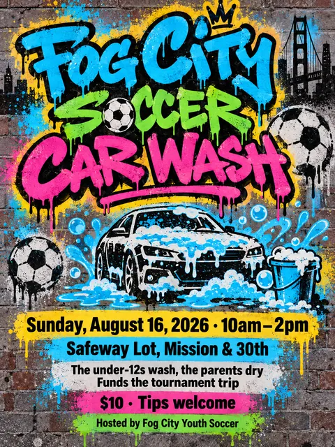 Graffiti / Street Art style party flyer for a fictional car-wash: Fog City Soccer Car Wash
