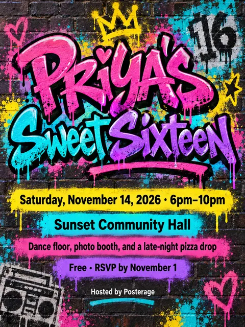 Graffiti / Street Art style party flyer for a fictional birthday: Priya's Sweet Sixteen