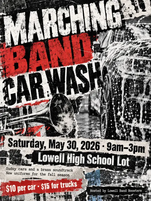 Grunge Typography style party flyer for a fictional car-wash: Marching Band Car Wash