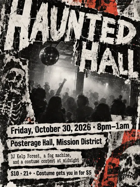 Grunge Typography style party flyer for a fictional halloween: Haunted Hall