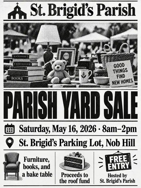Halftone / Newsprint style party flyer for a fictional church: Parish Yard Sale