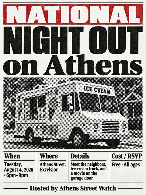 Halftone / Newsprint style party flyer for a fictional block: National Night Out on Athens