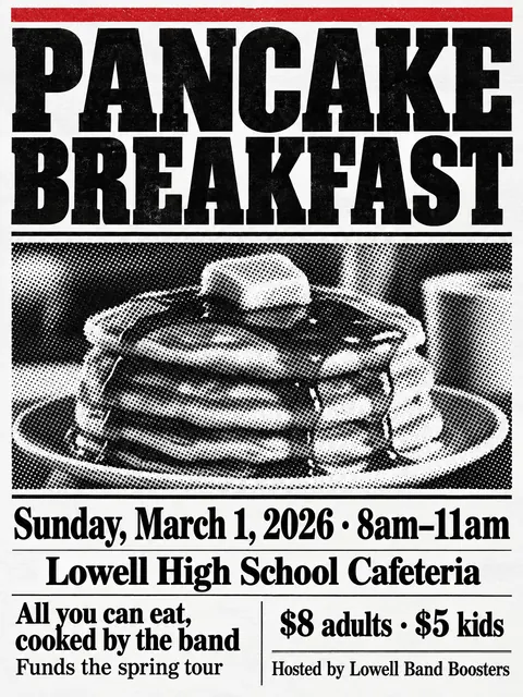 Halftone / Newsprint style party flyer for a fictional fundraiser: Pancake Breakfast