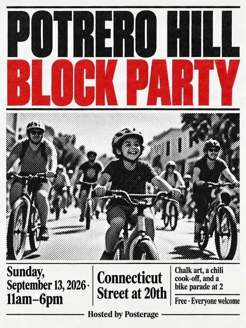 Halftone / Newsprint style party flyer for a fictional block: Potrero Hill Block Party