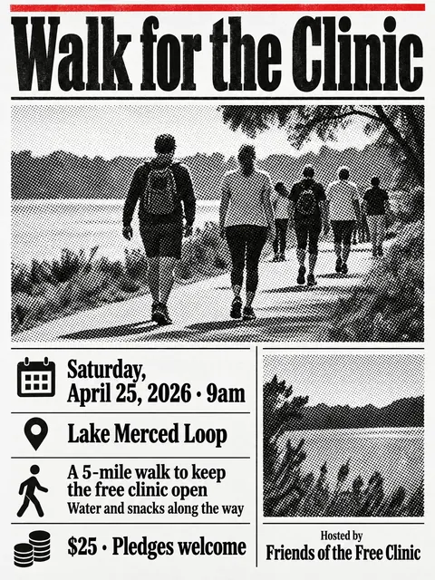Halftone / Newsprint style party flyer for a fictional fundraiser: Walk for the Clinic