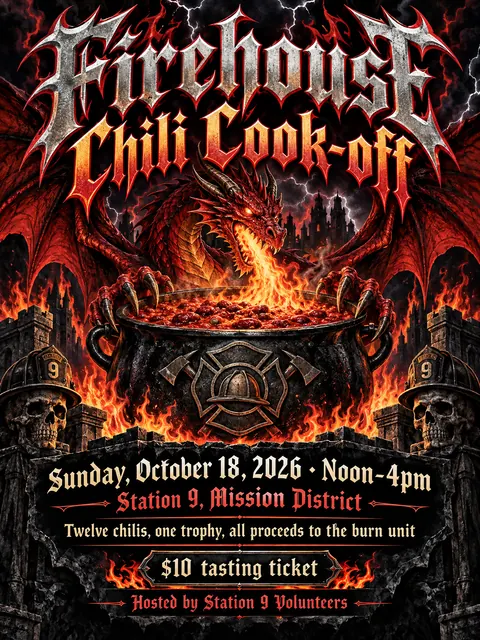 Heavy Metal Concert Poster style party flyer for a fictional fundraiser: Firehouse Chili Cook-off