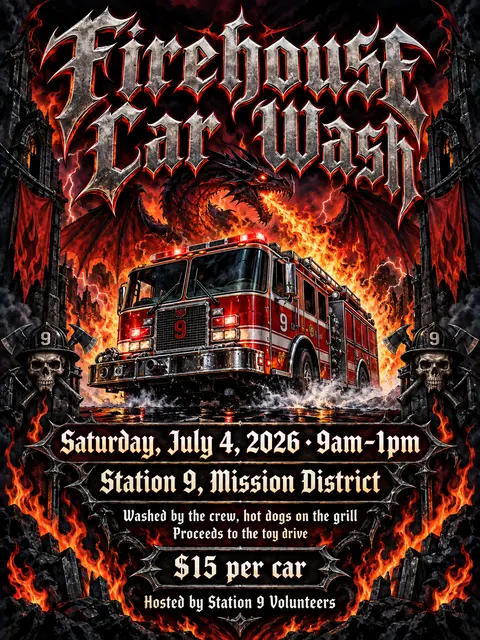 Heavy Metal Concert Poster style party flyer for a fictional car-wash: Firehouse Car Wash