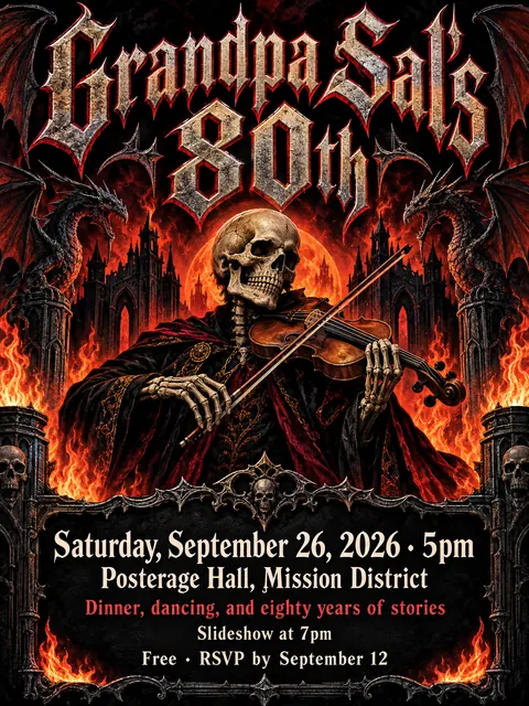 Heavy Metal Concert Poster style party flyer for a fictional birthday: Grandpa Sal's 80th