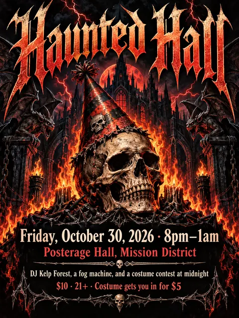 Heavy Metal Concert Poster style party flyer for a fictional halloween: Haunted Hall