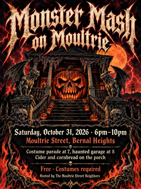 Heavy Metal Concert Poster style party flyer for a fictional halloween: Monster Mash on Moultrie