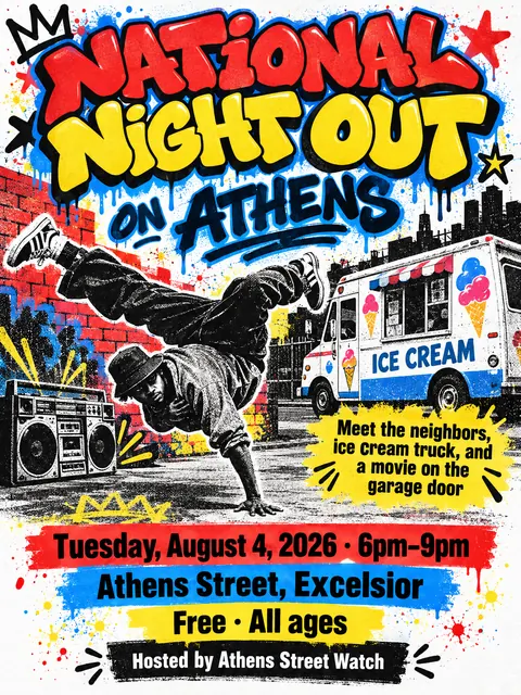 80s NYC Hip Hop Flyer style party flyer for a fictional block: National Night Out on Athens