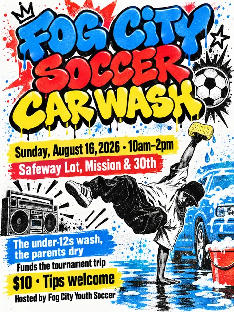 80s NYC Hip Hop Flyer style party flyer for a fictional car-wash: Fog City Soccer Car Wash