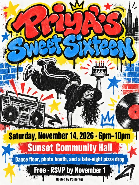 80s NYC Hip Hop Flyer style party flyer for a fictional birthday: Priya's Sweet Sixteen