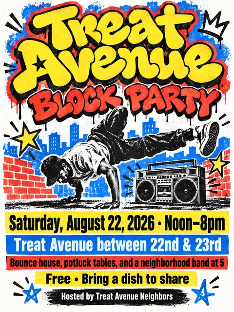 80s NYC Hip Hop Flyer style party flyer for a fictional block: Treat Avenue Block Party