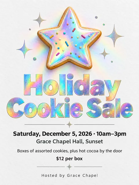 Holographic Foil style party flyer for a fictional bake-sale: Holiday Cookie Sale