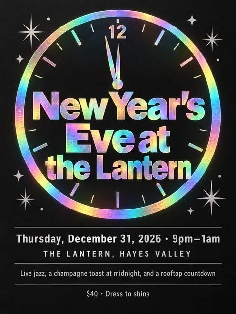 Holographic Foil style party flyer for a fictional holiday: New Year's Eve at the Lantern