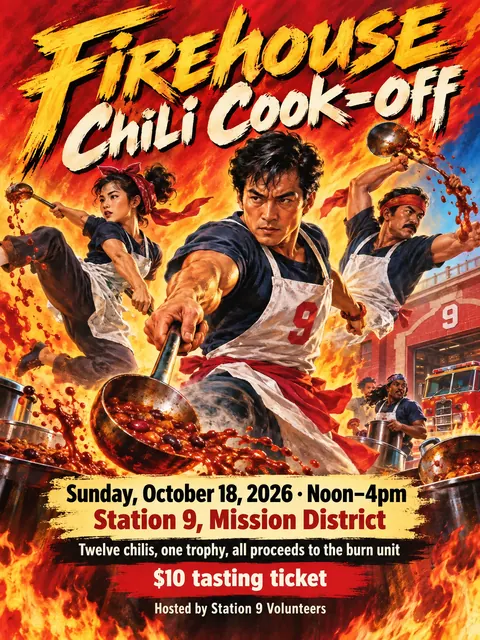 Hong Kong Cinema Poster style party flyer for a fictional fundraiser: Firehouse Chili Cook-off