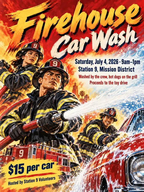 Hong Kong Cinema Poster style party flyer for a fictional car-wash: Firehouse Car Wash