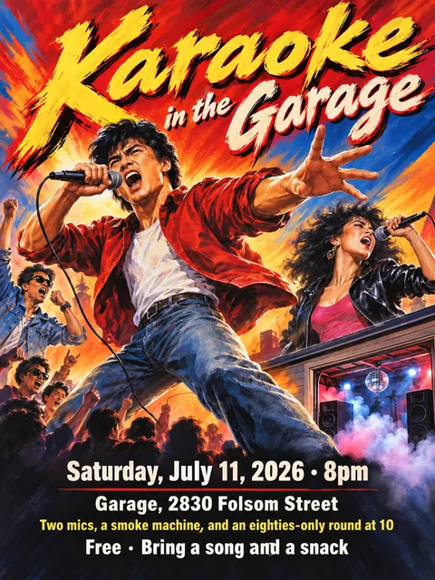 Hong Kong Cinema Poster style party flyer for a fictional house: Karaoke in the Garage