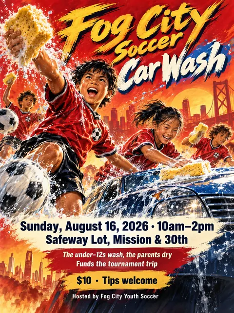 Hong Kong Cinema Poster style party flyer for a fictional car-wash: Fog City Soccer Car Wash