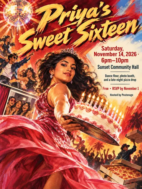 Hong Kong Cinema Poster style party flyer for a fictional birthday: Priya's Sweet Sixteen