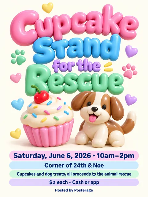 Inflated 3D style party flyer for a fictional bake-sale: Cupcake Stand for the Rescue