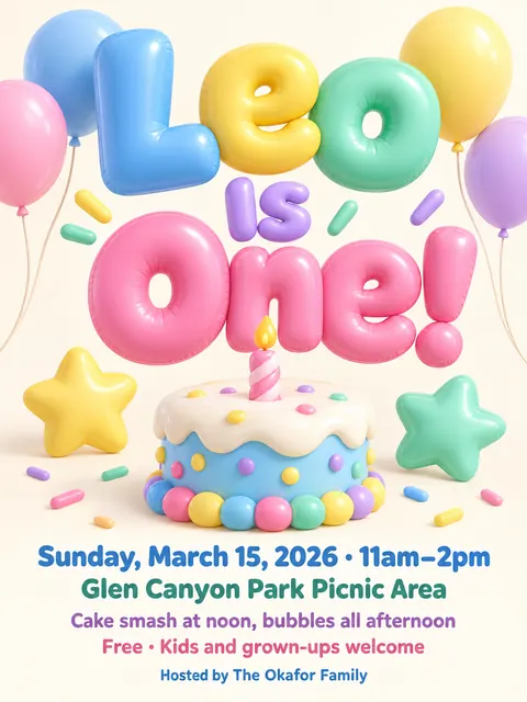 Inflated 3D style party flyer for a fictional birthday: Leo Is One!