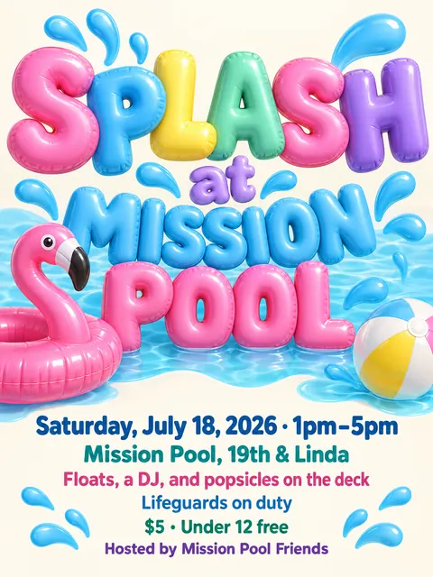 Inflated 3D style party flyer for a fictional pool: Splash at Mission Pool
