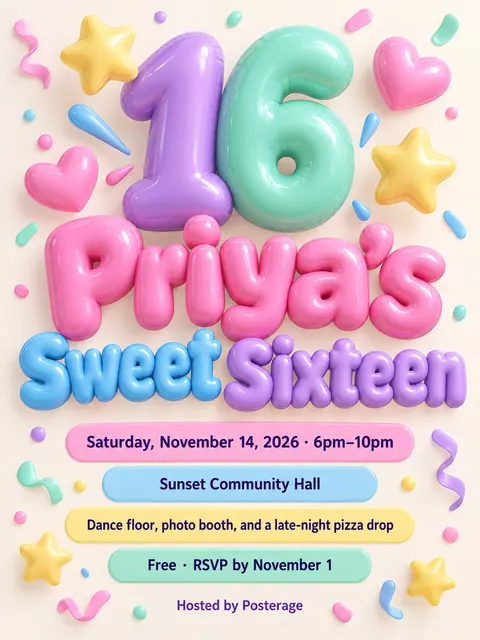 Inflated 3D style party flyer for a fictional birthday: Priya's Sweet Sixteen