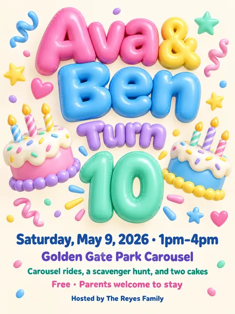 Inflated 3D style party flyer for a fictional birthday: Ava & Ben Turn 10