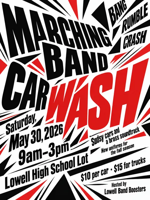 Italian Futurist Typography style party flyer for a fictional car-wash: Marching Band Car Wash
