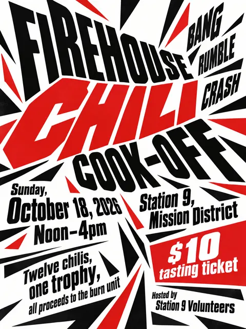 Italian Futurist Typography style party flyer for a fictional fundraiser: Firehouse Chili Cook-off